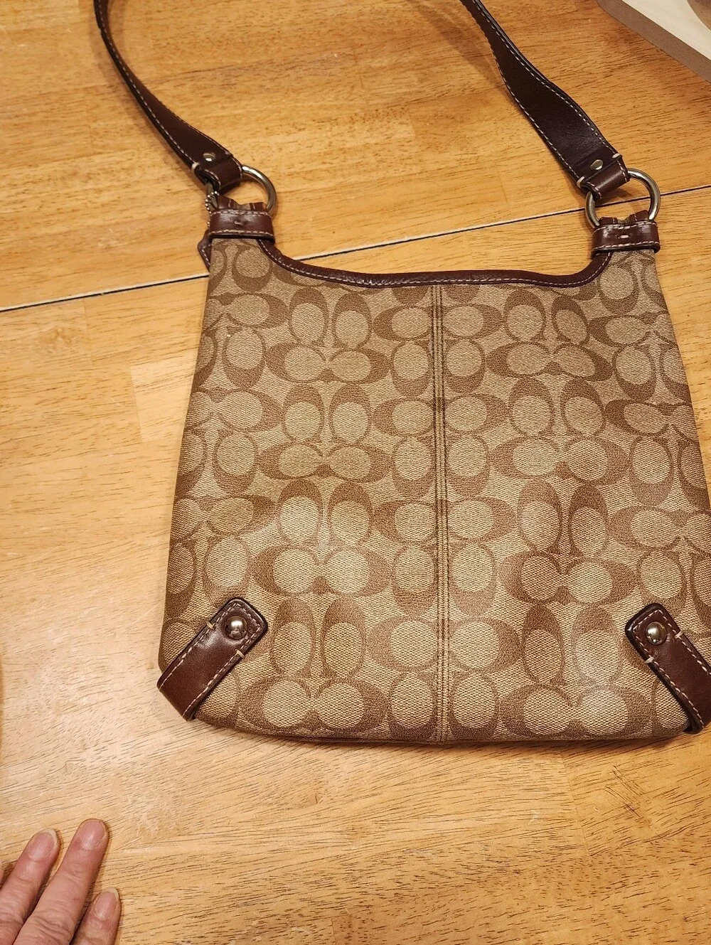 Coach Brown Signature Canvas Shoulder Bag with Dark Brown Trim